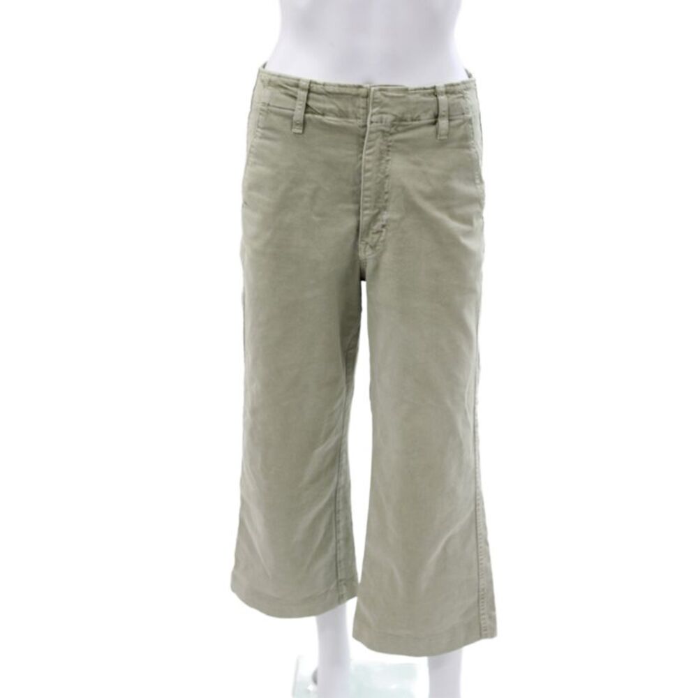 Amo Womens Cropped Pants Green Button 98% Cotton Casual Size 24